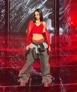 Like JENNIE Jennie Kim Red Leather Bomber Jacket