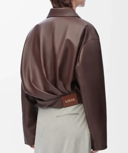 Loewe Draped Crop Leather Jacket Brown