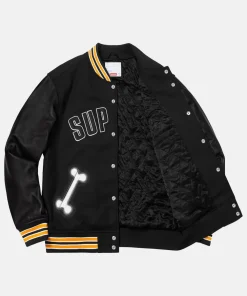 Men Supreme Bone Varsity Jacket Black