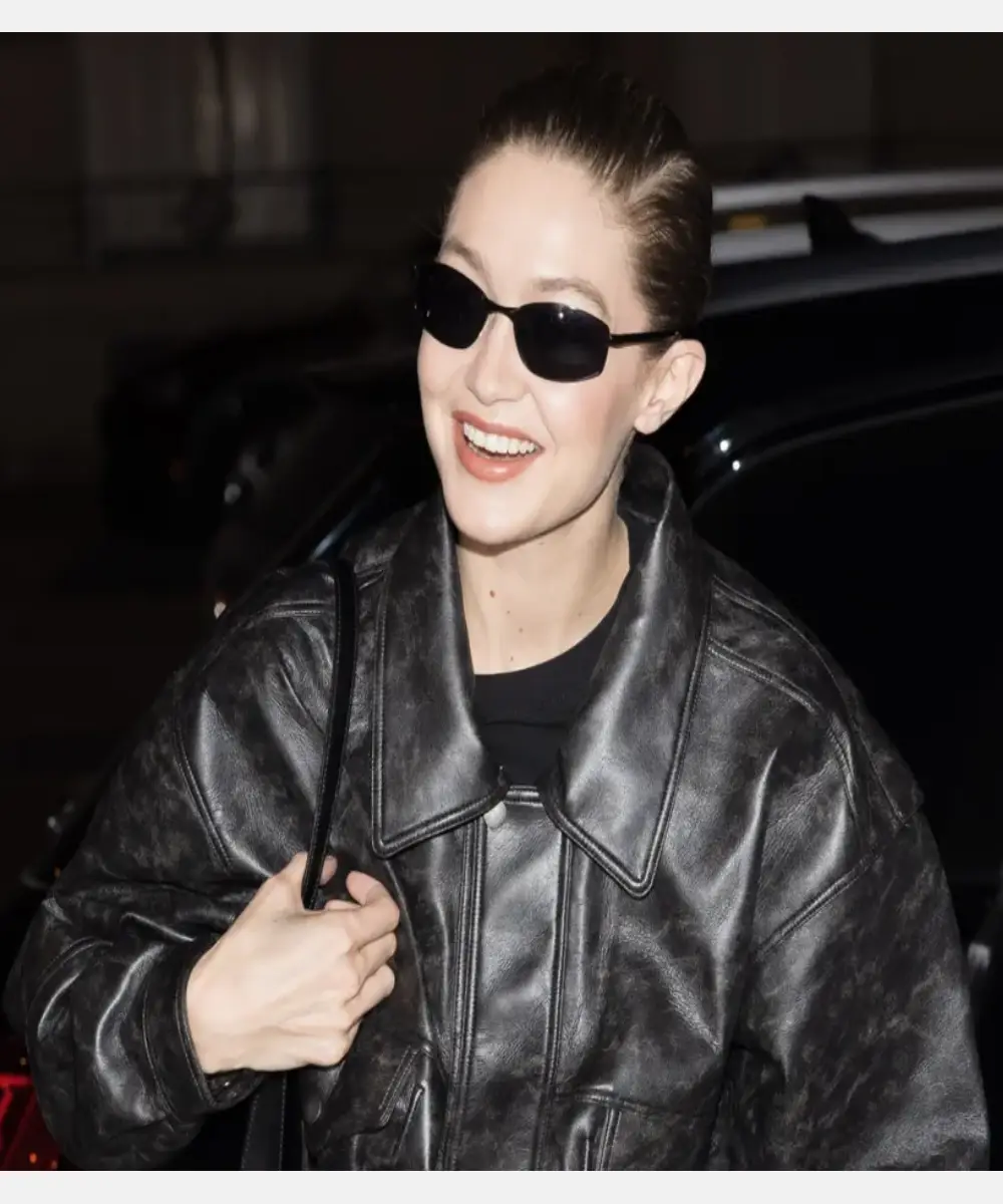 Paris Fashion Week 2025 Gigi Hadid Black Leather Jacket