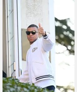 Real Madrid Superstar Kylian Mbappe Christian Dior Varsity Bomber Jacket - White and Pink Stripe