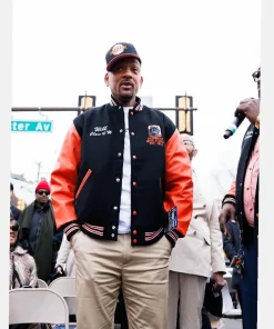 Will Smith Way In West Philadelphia The Castle On the Hill Varsity Jacket - Black and Orange Sleeve 