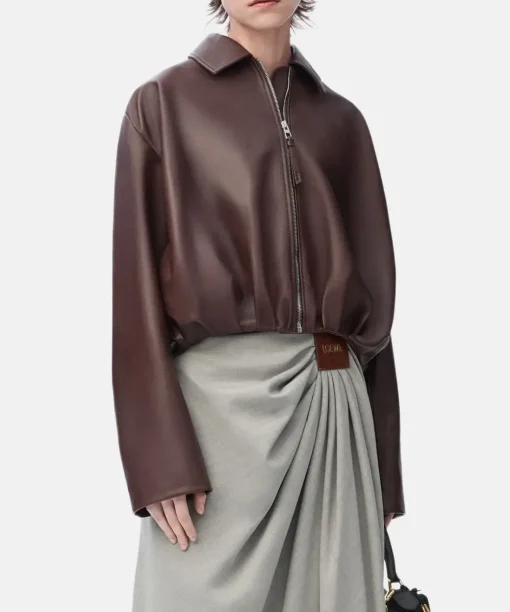 Women Loewe Lambskin Draped Leather Jacket Brown