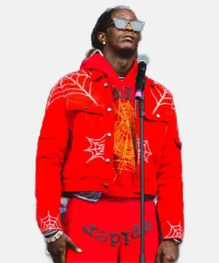 American Rapper Spider X Worldwide Young Thug Spider Denim Jacket - Red