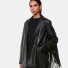 Black Gia Leather Fringed Coat