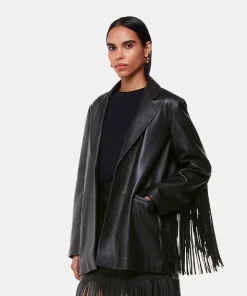 Black Gia Leather Fringed Coat