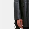 Black Gia Leather Fringed Jacket Coat