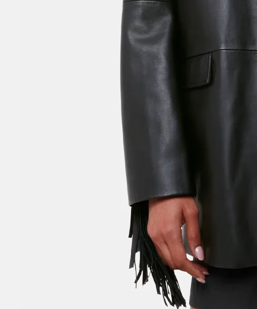 Black Gia Leather Fringed Jacket Coat