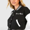 Boohoo Above and Beyond Women's Black and White Crop Varsity Bomber Jacket
