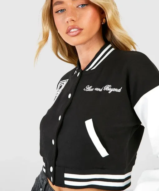 Boohoo Above and Beyond Women's Black and White Crop Varsity Bomber Jacket