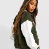 Boohoo Salt Lake Colour Block Varsity Bomber Jacket Green and White