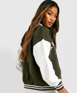 Boohoo Salt Lake Colour Block Varsity Bomber Jacket Green and White