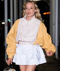 Chloë Sevigny  Oversized Cream and Dandelion Yellow Faux Leather Bomber Jacket