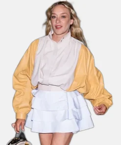 Chloë Sevigny Oversized Cream and Dandelion Yellow Leather Bomber Jacket