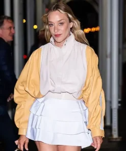 Chloë Sevigny Oversized Cream and Yellow Leather Bomber Jacket