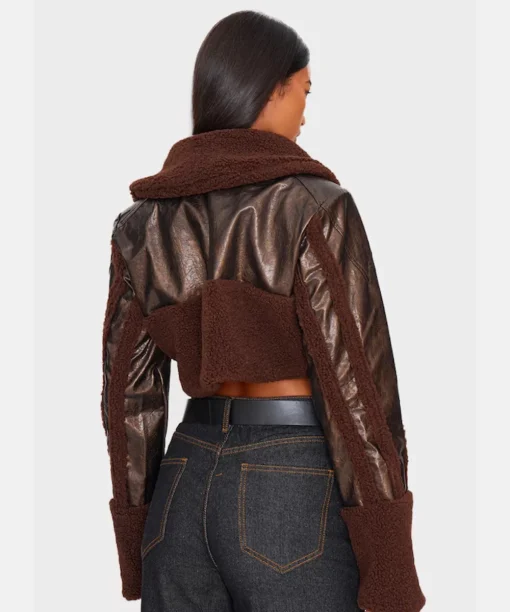Chocolate Borg Trim Textured Leather Aviator Jacket