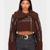 Chocolate Borg Trim Textured Look Dark Brown Faux Leather Aviator Cropped Jacket
