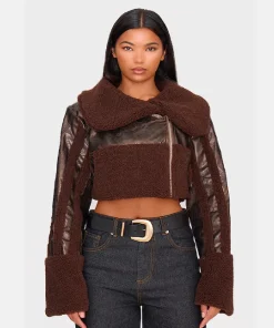 Chocolate Borg Trim Textured Look Dark Brown Faux Leather Aviator Cropped Jacket
