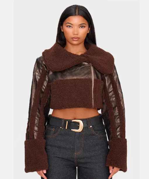 Chocolate Borg Trim Textured Look Dark Brown Faux Leather Aviator Cropped Jacket