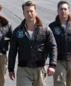 Glen powell devotion 2022 tom hudner brown leather jacket