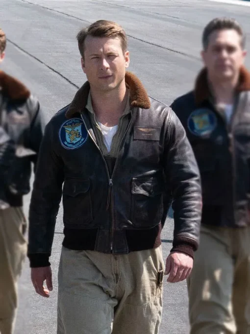 Glen powell devotion 2022 tom hudner brown leather jacket