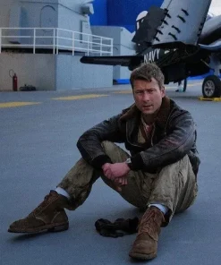 Glen powell devotion tom hudner brown leather jacket