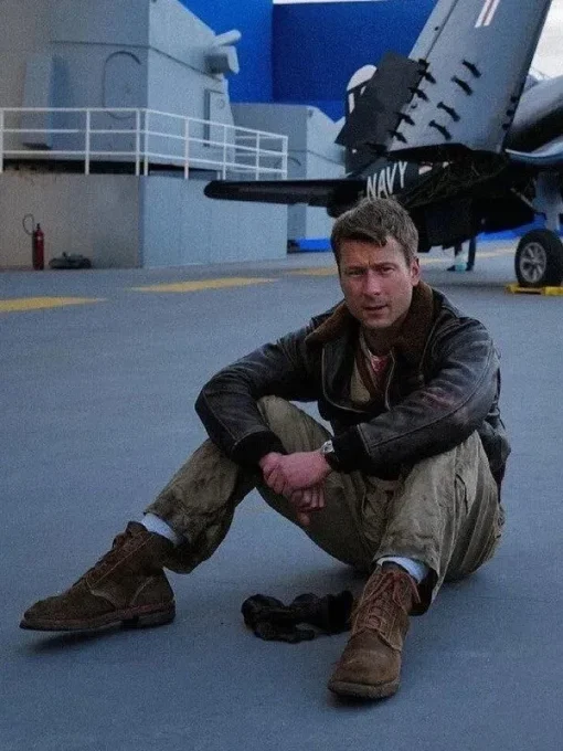 Glen powell devotion tom hudner brown leather jacket
