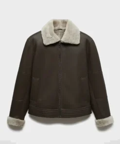 Men Brown Shearling Lined Leather Aviator Bomber Jacket