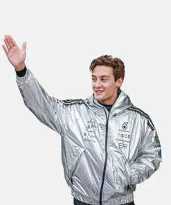 Mercedes F1 George Russell Shiny Silver Puffer Jacket