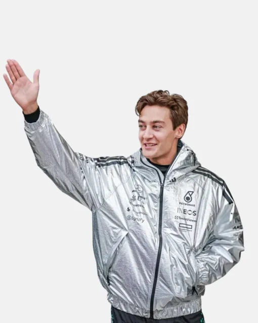 Mercedes F1 George Russell Shiny Silver Puffer Jacket