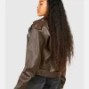 Petite Brown Faux Leather Oversized Biker Jacket