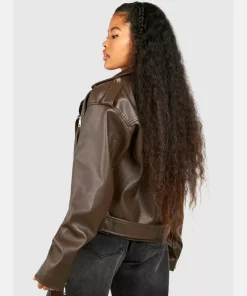 Petite Brown Faux Leather Oversized Biker Jacket