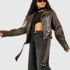 Petite Dark brown Leather Oversized Biker Jacket