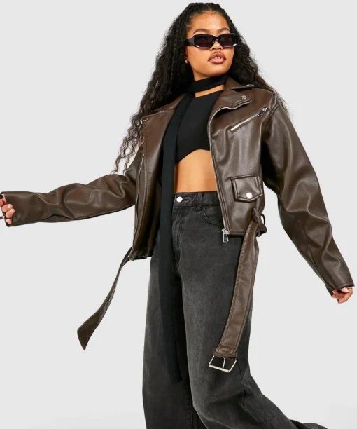 Petite Dark brown Leather Oversized Biker Jacket