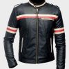 Red and white striped mens black biker jacket
