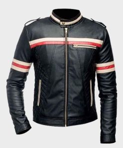 Red and white striped mens black biker jacket