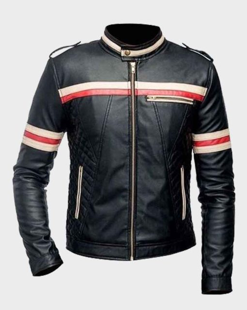 Red and white striped mens black biker jacket