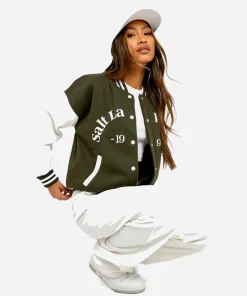 Salt Lake Colour Block Varsity Bomber Jacket Green and White