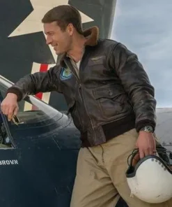Tom hudner devotion glen powell brown leather jacket