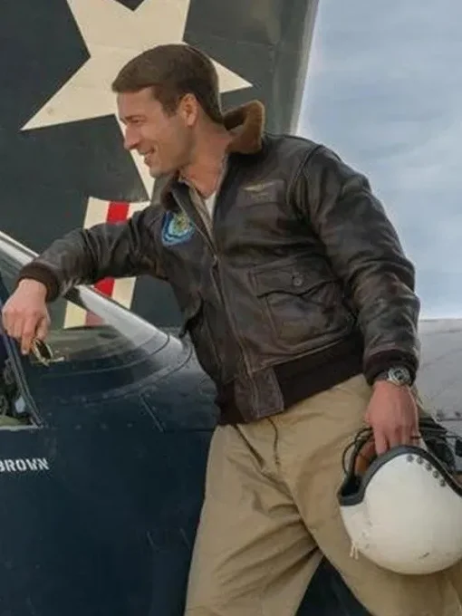 Tom hudner devotion glen powell brown leather jacket