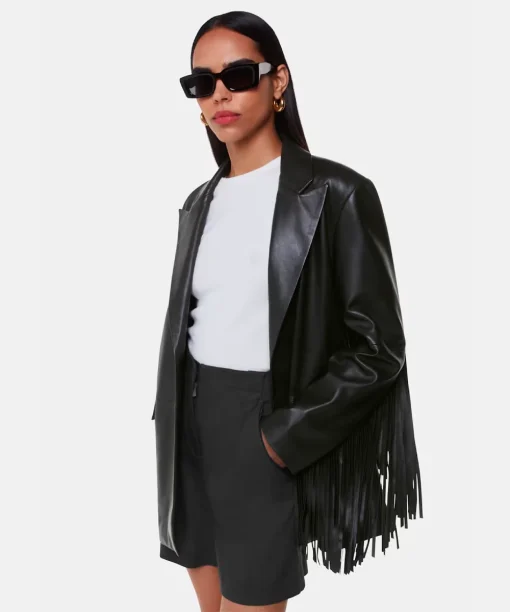 Women Black Gia Leather Fringed Jacket