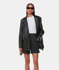 Women Black Leather Fringed Coate