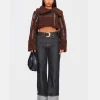 Women Chocolate Borg Trim Textured Brown Leather Fur Jacket