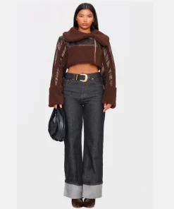 Women Chocolate Borg Trim Textured Brown Leather Fur Jacket