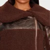 Women Chocolate Borg Trim Textured Leather Aviator Jacket