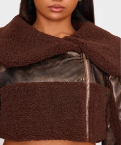 Women Chocolate Borg Trim Textured Leather Aviator Jacket