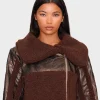 Women Chocolate Borg Trim Textured Leather Fur Jacket