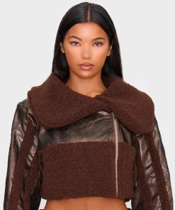 Women Chocolate Borg Trim Textured Leather Fur Jacket