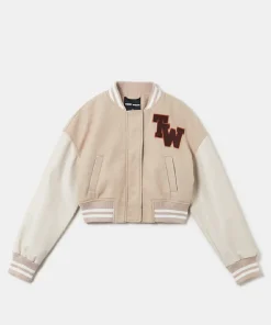 Women Crop Beige Varsity Jacket