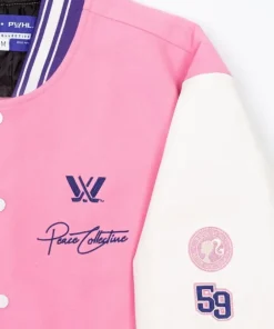 Women PWHL x Barbie x Peace Collective Letterman Varsity Jacket Pink and White